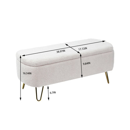 Ivory White Storage Ottoman Bench for End of Bed Gold Legs, Modern Ivory White Faux Fur Entryway Bench Upholstered Padded with Storage for Living Room Bedroom