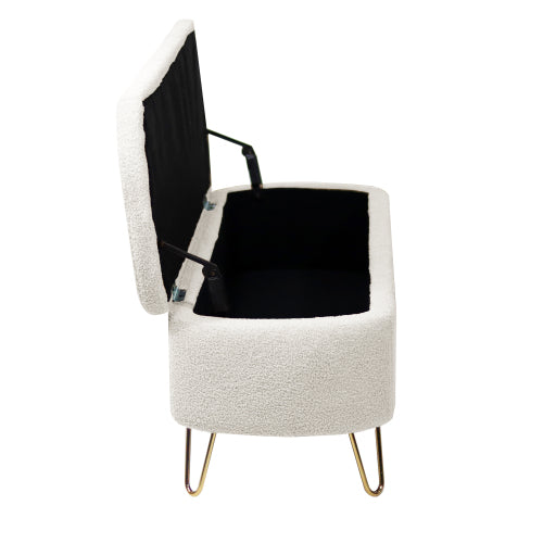 Ivory White Storage Ottoman Bench for End of Bed Gold Legs, Modern Ivory White Faux Fur Entryway Bench Upholstered Padded with Storage for Living Room Bedroom