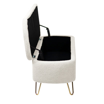 Ivory White Storage Ottoman Bench for End of Bed Gold Legs, Modern Ivory White Faux Fur Entryway Bench Upholstered Padded with Storage for Living Room Bedroom