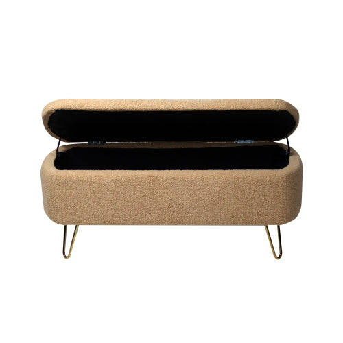 Camel Storage Ottoman Bench for End of Bed Gold Legs, Modern Camel Faux Fur Entryway Bench Upholstered Padded with Storage for Living Room Bedroom