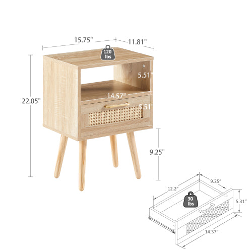 Natural Rattan Nightstand with Drawer & Wood Legs