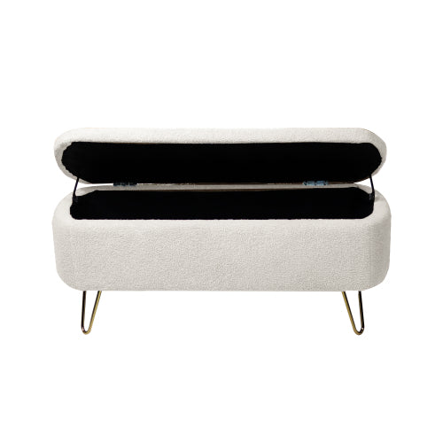 Ivory White Storage Ottoman Bench for End of Bed Gold Legs, Modern Ivory White Faux Fur Entryway Bench Upholstered Padded with Storage for Living Room Bedroom
