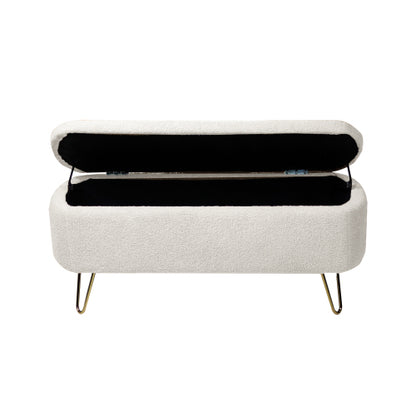 Ivory White Storage Ottoman Bench for End of Bed Gold Legs, Modern Ivory White Faux Fur Entryway Bench Upholstered Padded with Storage for Living Room Bedroom