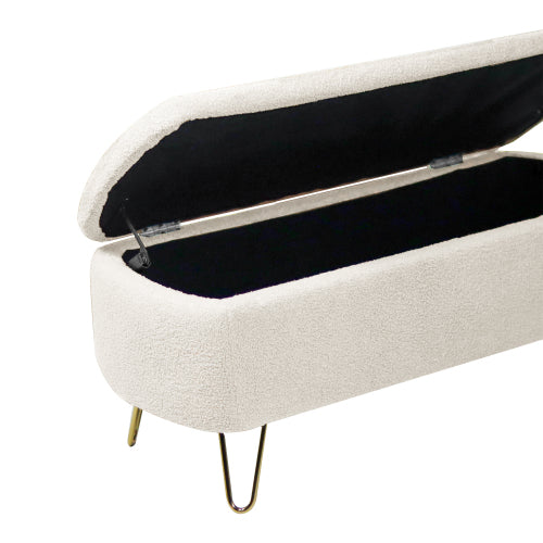 Ivory White Storage Ottoman Bench for End of Bed Gold Legs, Modern Ivory White Faux Fur Entryway Bench Upholstered Padded with Storage for Living Room Bedroom