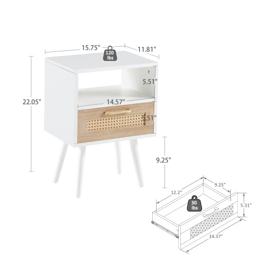 Rattan End Table with Drawer and Solid Wood Legs, Modern Nightstand Side Table for Bedroom Living Room, White