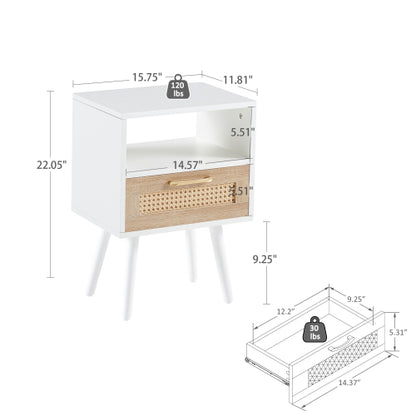 Rattan End Table with Drawer and Solid Wood Legs, Modern Nightstand Side Table for Bedroom Living Room, White