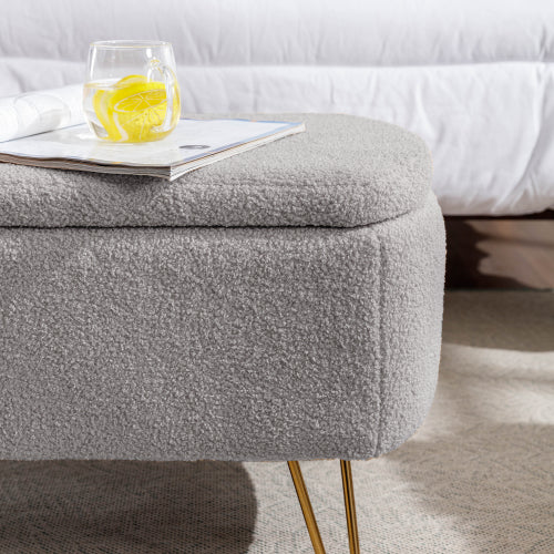 Grey Storage Ottoman Bench for End of Bed Gold Legs, Modern Grey Faux Fur Entryway Bench Upholstered Padded with Storage for Living Room Bedroom