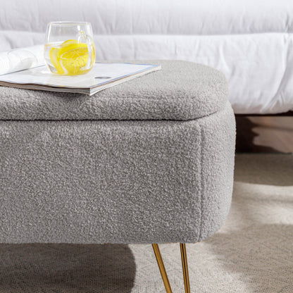 Grey Storage Ottoman Bench for End of Bed Gold Legs, Modern Grey Faux Fur Entryway Bench Upholstered Padded with Storage for Living Room Bedroom