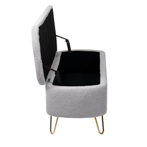 Grey Storage Ottoman Bench for End of Bed Gold Legs, Modern Grey Faux Fur Entryway Bench Upholstered Padded with Storage for Living Room Bedroom