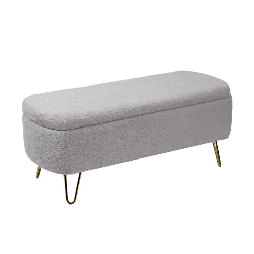 Grey Storage Ottoman Bench for End of Bed Gold Legs, Modern Grey Faux Fur Entryway Bench Upholstered Padded with Storage for Living Room Bedroom