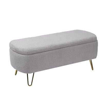 Grey Storage Ottoman Bench for End of Bed Gold Legs, Modern Grey Faux Fur Entryway Bench Upholstered Padded with Storage for Living Room Bedroom