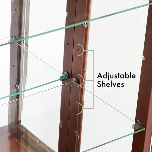 Cherry 3-Tier Lighted Glass Curio Cabinet Acrylic Mirror Back Adjustable Tempered Glass Shelf Home Collection Display Cabinet