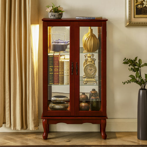 Cherry 3-Tier Lighted Glass Curio Cabinet Acrylic Mirror Back Adjustable Tempered Glass Shelf Home Collection Display Cabinet