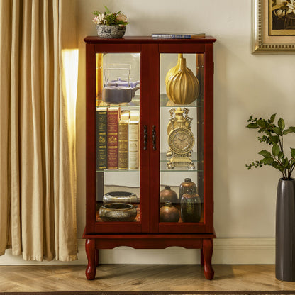 Cherry 3-Tier Lighted Glass Curio Cabinet Acrylic Mirror Back Adjustable Tempered Glass Shelf Home Collection Display Cabinet