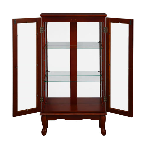 Cherry 3-Tier Lighted Glass Curio Cabinet Acrylic Mirror Back Adjustable Tempered Glass Shelf Home Collection Display Cabinet