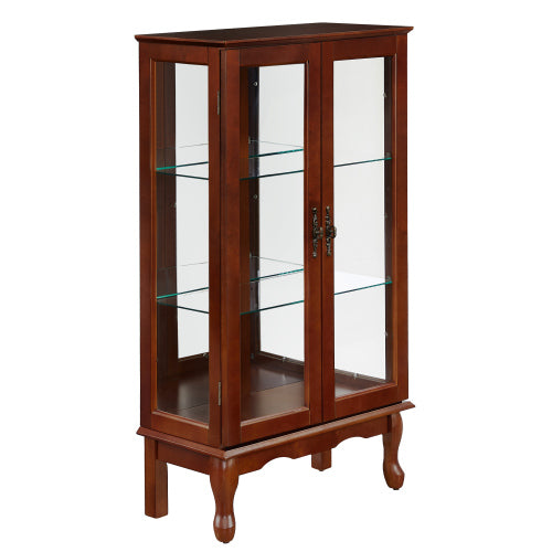 Cherry 3-Tier Lighted Glass Curio Cabinet Acrylic Mirror Back Adjustable Tempered Glass Shelf Home Collection Display Cabinet