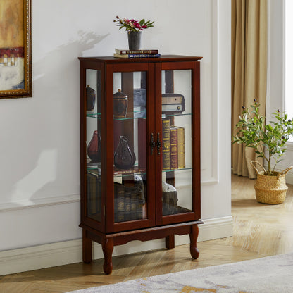 Cherry 3-Tier Lighted Glass Curio Cabinet Acrylic Mirror Back Adjustable Tempered Glass Shelf Home Collection Display Cabinet