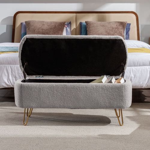 Grey Storage Ottoman Bench for End of Bed Gold Legs, Modern Grey Faux Fur Entryway Bench Upholstered Padded with Storage for Living Room Bedroom