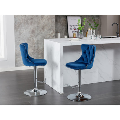Swivel Velvet Barstools Adjusatble Seat Height from 25-33 Inch, Chrome base Bar Stools with Backs Comfortable Tufted for Home Pub and Kitchen Island,Set of 2,AS1712BL,Blue