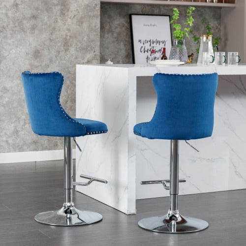 Swivel Velvet Barstools Adjusatble Seat Height from 25-33 Inch, Chrome base Bar Stools with Backs Comfortable Tufted for Home Pub and Kitchen Island,Set of 2,AS1712BL,Blue