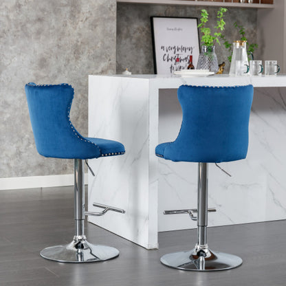 Swivel Velvet Barstools Adjusatble Seat Height from 25-33 Inch, Chrome base Bar Stools with Backs Comfortable Tufted for Home Pub and Kitchen Island,Set of 2,AS1712BL,Blue