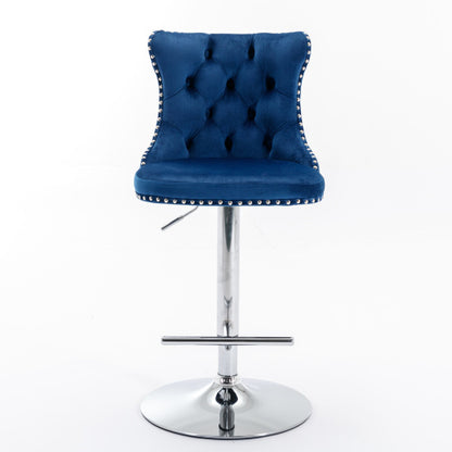 Swivel Velvet Barstools Adjusatble Seat Height from 25-33 Inch, Chrome base Bar Stools with Backs Comfortable Tufted for Home Pub and Kitchen Island,Set of 2,AS1712BL,Blue