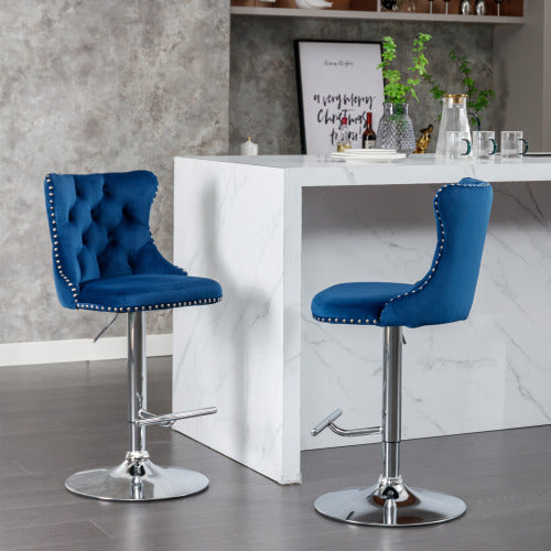 Swivel Velvet Barstools Adjusatble Seat Height from 25-33 Inch, Chrome base Bar Stools with Backs Comfortable Tufted for Home Pub and Kitchen Island,Set of 2,AS1712BL,Blue