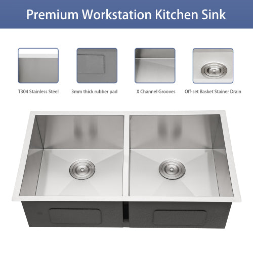33x19x9 inch Undermount Double Bowl Kitchen Sink (50/50) in 16 Gauge Stainless Steel with 9 Inch Deep basin