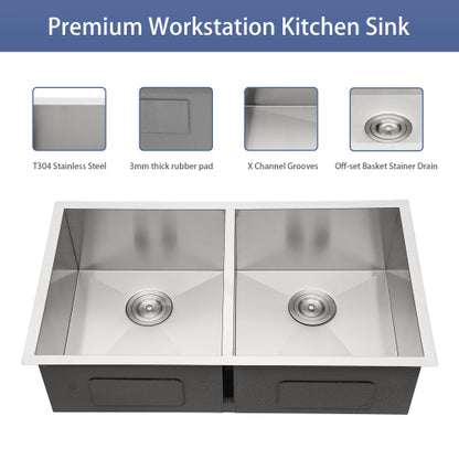 33x19x9 inch Undermount Double Bowl Kitchen Sink (50/50) in 16 Gauge Stainless Steel with 9 Inch Deep basin
