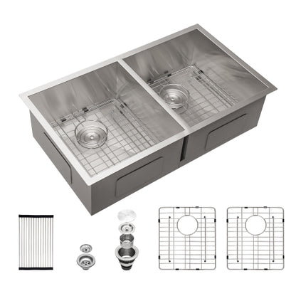 33x19x9 inch Undermount Double Bowl Kitchen Sink (50/50) in 16 Gauge Stainless Steel with 9 Inch Deep basin