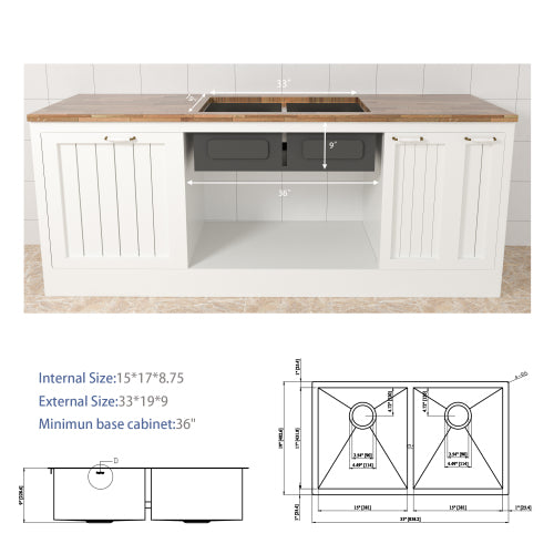 33x19x9 inch Undermount Double Bowl Kitchen Sink (50/50) in 16 Gauge Stainless Steel with 9 Inch Deep basin