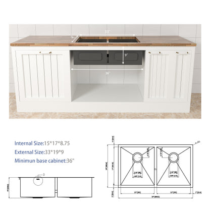 33x19x9 inch Undermount Double Bowl Kitchen Sink (50/50) in 16 Gauge Stainless Steel with 9 Inch Deep basin