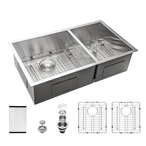 16 Gauge Stainless Steel 33 x 19 x 9 inch Undermount Double Bowl Kitchen Sink (60/40) with 9 Inch Deep Sink