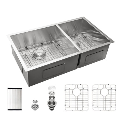 16 Gauge Stainless Steel 33 x 19 x 9 inch Undermount Double Bowl Kitchen Sink (60/40) with 9 Inch Deep Sink