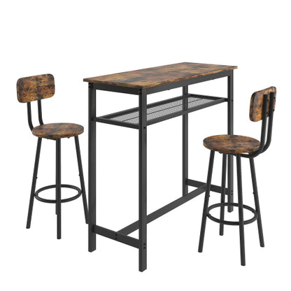 3-Piece Rustic Brown Bar Set, Table with Partition & 2 Backrest Stools