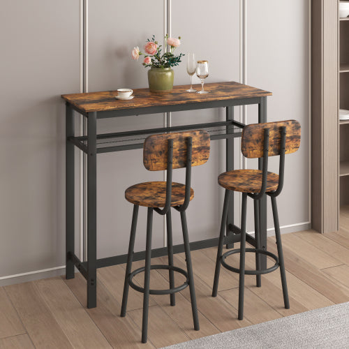 3-Piece Rustic Brown Bar Set, Table with Partition & 2 Backrest Stools