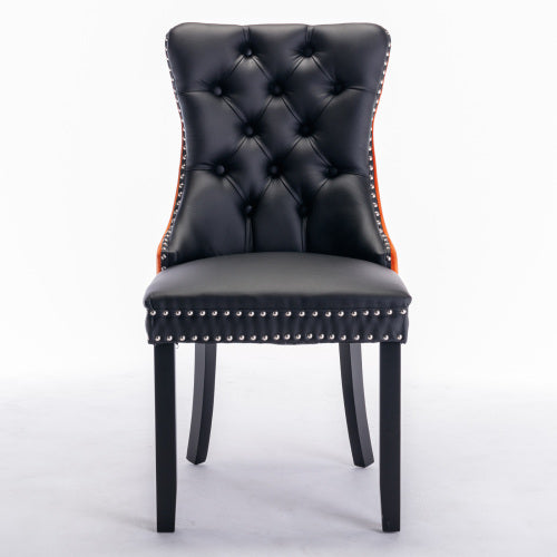 Set of 2 Black+Orange PU & Velvet Tufted Dining Chairs, Solid Wood Nailhead Trim