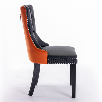 Set of 2 Black+Orange PU & Velvet Tufted Dining Chairs, Solid Wood Nailhead Trim