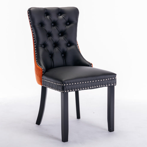 Set of 2 Black+Orange PU & Velvet Tufted Dining Chairs, Solid Wood Nailhead Trim