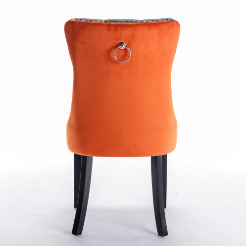 Set of 2 Black+Orange PU & Velvet Tufted Dining Chairs, Solid Wood Nailhead Trim