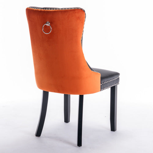 Set of 2 Black+Orange PU & Velvet Tufted Dining Chairs, Solid Wood Nailhead Trim