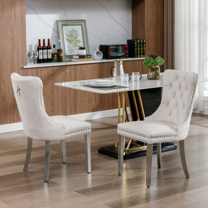 Tufted Velvet Dining Chairs with Nailhead Trim and Chrome Legs, Set of 2, Beige