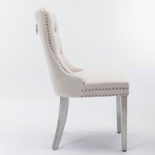 Tufted Velvet Dining Chairs with Nailhead Trim and Chrome Legs, Set of 2, Beige