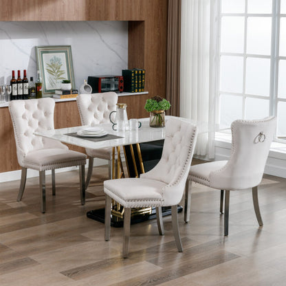 Tufted Velvet Dining Chairs with Nailhead Trim and Chrome Legs, Set of 2, Beige