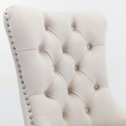 Tufted Velvet Dining Chairs with Nailhead Trim and Chrome Legs, Set of 2, Beige