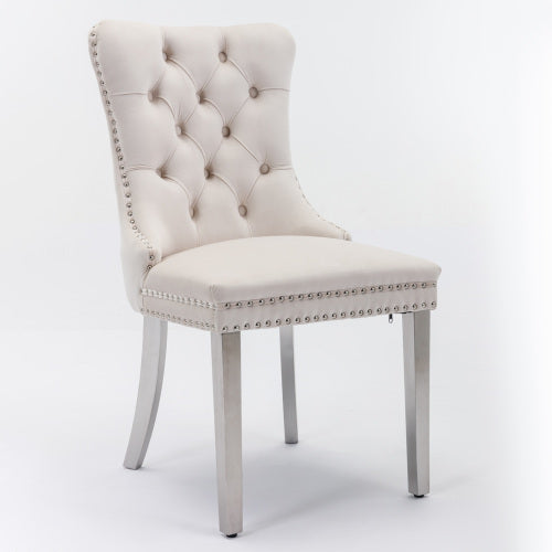 Tufted Velvet Dining Chairs with Nailhead Trim and Chrome Legs, Set of 2, Beige