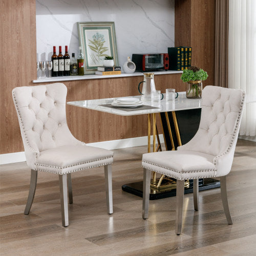 Tufted Velvet Dining Chairs with Nailhead Trim and Chrome Legs, Set of 2, Beige