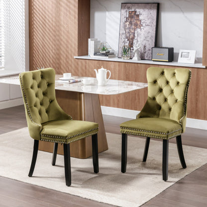 Modern, High-end Tufted Solid Wood Contemporary Velvet Upholstered Dining Chair with Wood Legs Nailhead Trim 2-Pcs Set,Olive-Green