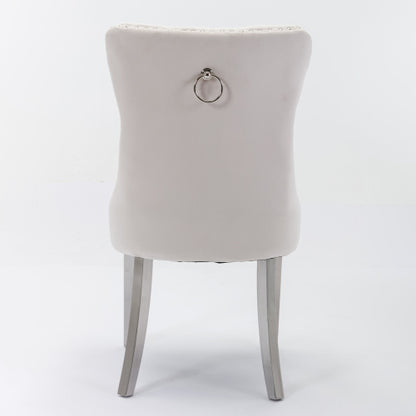 Tufted Velvet Dining Chairs with Nailhead Trim and Chrome Legs, Set of 2, Beige