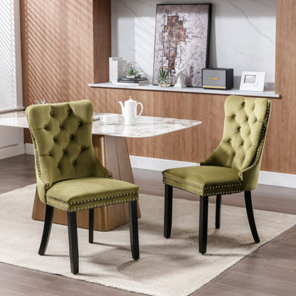Modern, High-end Tufted Solid Wood Contemporary Velvet Upholstered Dining Chair with Wood Legs Nailhead Trim 2-Pcs Set,Olive-Green